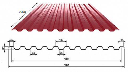 Профнастил С 21 2000х1050х0,4 (вишневый RAL 3005)