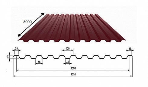 Профнастил С 21 3000х1050х0,4 (вишневый RAL 3005)