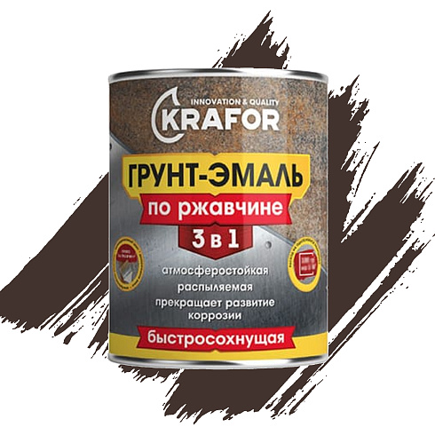 Грунт-эмаль по ржавчине 3 в 1 коричневая (RAL 8017) быстросохнущая 0,9 кг (14) "KRAFOR"