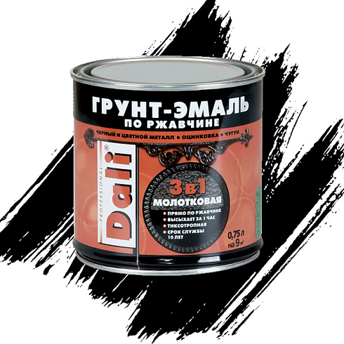 ГРУНТ-ЭМАЛЬ ПО РЖАВЧИНЕ "DALI" 3 в 1 молотковая черная 0,75 Л (6) Рогнеда