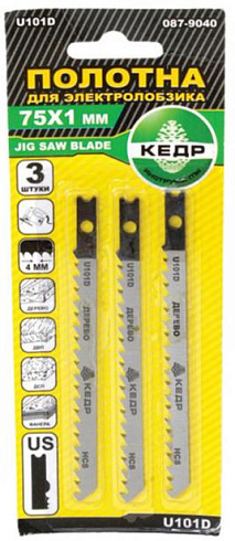 Полотна д/эл.лобзика по дер. 3 шт 75*1мм шаг 4мм U101D "КЕДР" 087-9040