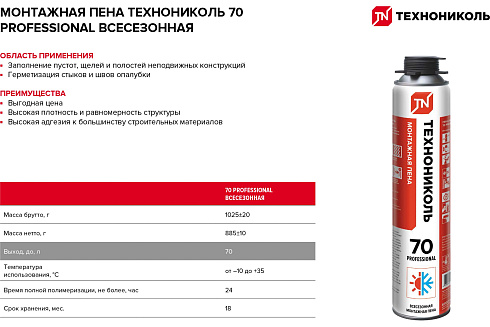 Пена монтажная Технониколь профессионал 70, 885г, Проф, всесезоннная, (239439)