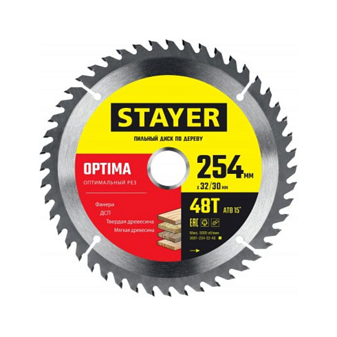 Диск пильный по дереву 254х32/30мм, 48Т "Оптимальный рез" STAYER OPTIMA (3681-254-32-48)