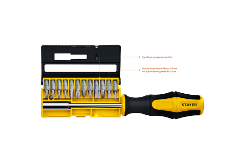 Отвертка-битодержатель (Набор) с насадками 13шт STAYER Hercules-B13 (25813)