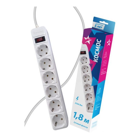 Удл.с сет.фильтром 6х1,8м с с/з ПВС 3х1,0 с выкл. КОСМОС Fksm1.8m-6g