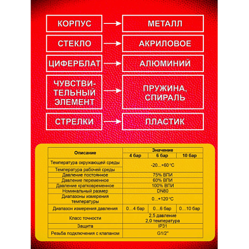 Термо-манометр верт. 10 bar/120 (d80х1/2)SMS-336V