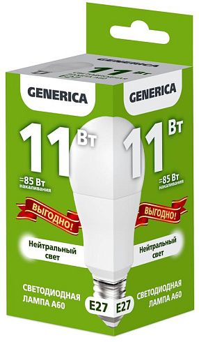 Лампа светодиод. 11Вт A60 E27 230В 4000K промо грушевидн. LL-A60-11-230-40-E27-G GENERICA