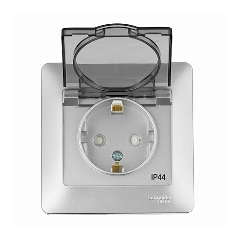 Розетка 1-м Glossa с/з со шторками и крышкой 16А в сборе алюминий IP44  Sche GSL000348