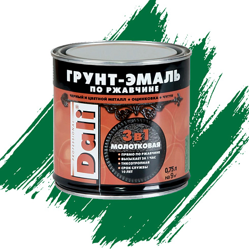 ГРУНТ-ЭМАЛЬ ПО РЖАВЧИНЕ "DALI" 3 в 1 молотковая зеленая 0,75 Л (6) Рогнеда