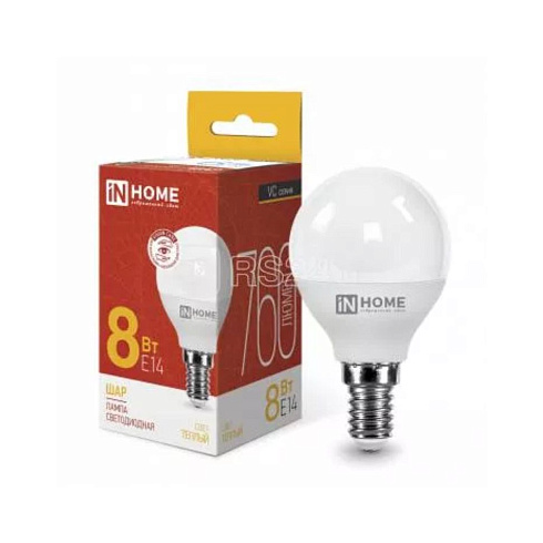 Лампа светодиод. LED-шар-standart 8 вт 3000К бел. Е14 IN HOME (712831)