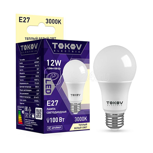 Лампа светодиод. 12Вт A60 E27 176-264В 3000K Tokov Electric ТКЕ-А60-Е27-12-3К