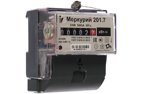 Счетчик "Меркурий" 201.7 1фаз.5(60)А DIN ОУ 1тариф.