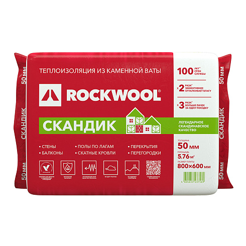 Минеральная вата ROCKWOOL СКАНДИК 800х600х50 (12плит -5,76кв.м) (плотность 32кг/м3)