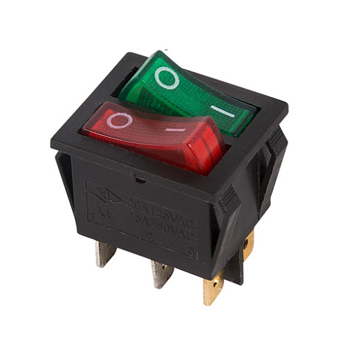 Переключатель клавишн. (2 клав) 15А/250V красный/зеленый с подсвет. Rexant 36-2450