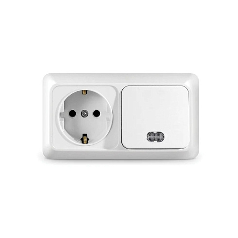 Блок 1кл ОП Олимп выкл. с подс.+роз. с заземл. горизонт.бел. Universal O0036