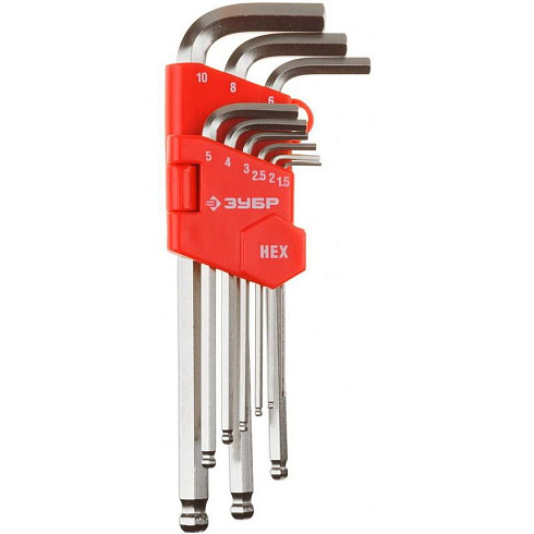 Ключи имбусовые длинные с шариком Cr-V, сатинир.покр. набор 9шт. 1,5-10мм ЗУБР Мастер (27461-2_z02)