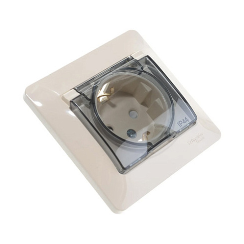 Розетка 1-м Glossa с/з со шторками и крышкой 16А в сборе бежевая IP44  Sche GSL000248