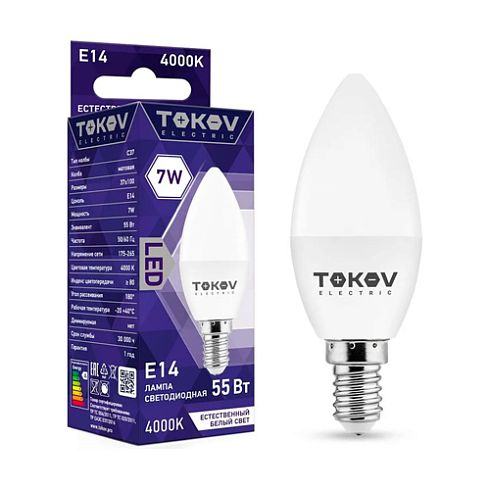 Лампа светодиод. LED-свеча 7вт 4000К бел Е14 С37 176-264В Tokov Electric TKE-C37-E14-7-4K