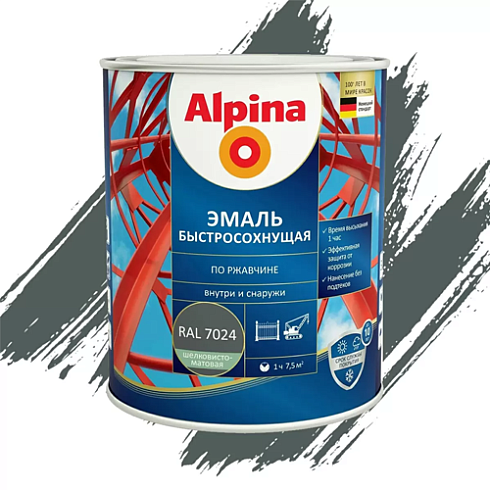Грунт-эмаль по ржавчине быстросохнущ. СЕРЫЙ ГРАФИТ (RAL 7024) 2,5л "ALPINA" (4)