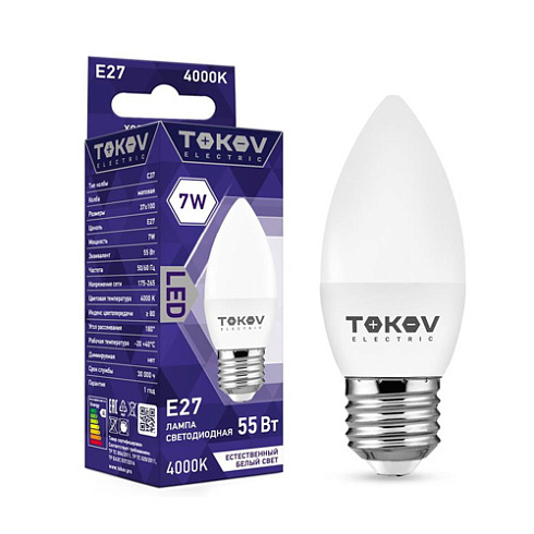 Лампа светодиод. LED-свеча 7вт 4000К бел Е27 С37 176-264В Tokov Electric TKE-C37-E27-7-4K