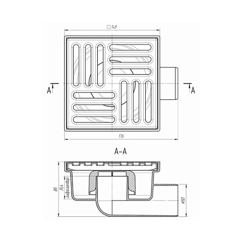 Трап АНИ (TА1212) вертик. нерегулируемый с гидрозатвором нерж.решетка 150х150 