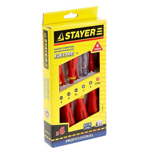 Отвертки (набор) STAYER ELECTRO" диэлектр., Cr-V,100-250В, 6шт (25145-Н6_z01)
